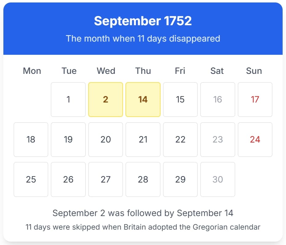 Calendar 1752 September